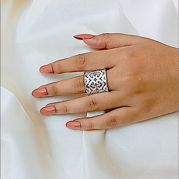 STERLING SILVER HEART HOLLOW OUT WIDE CUFF BANGLE BRACELET RING SET - Picture 12 of 15